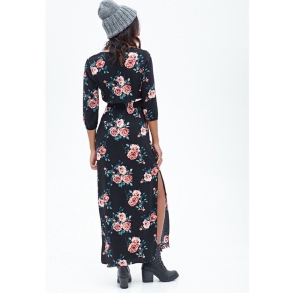 Forever 21 Black Floral Rose Print V-Neck Smocked Waist Maxi Dress S Cottagecore - Picture 7 of 14